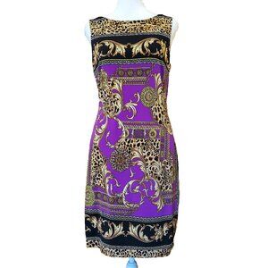 Cache Sheath Dress Purple Classical Chain Greek Key Leopard Print Women's Size 8